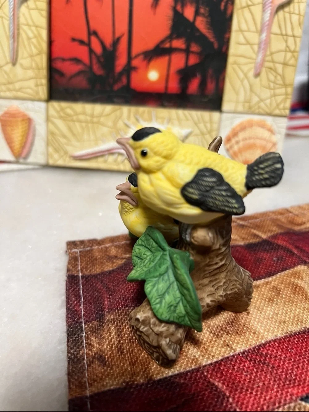 Lefton Yellow and Black Bird Figurine Pair on Branch
